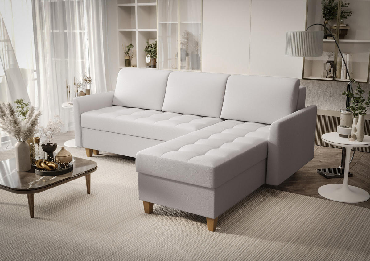 ECKSOFA KONGO RBN08, Eckcouch in L-Form mit Schlaffunktion, Farbe: Wiess, Kunstleder, Ottomane Rechts - Weiß, Textil (240/180cm) - O-Sofa