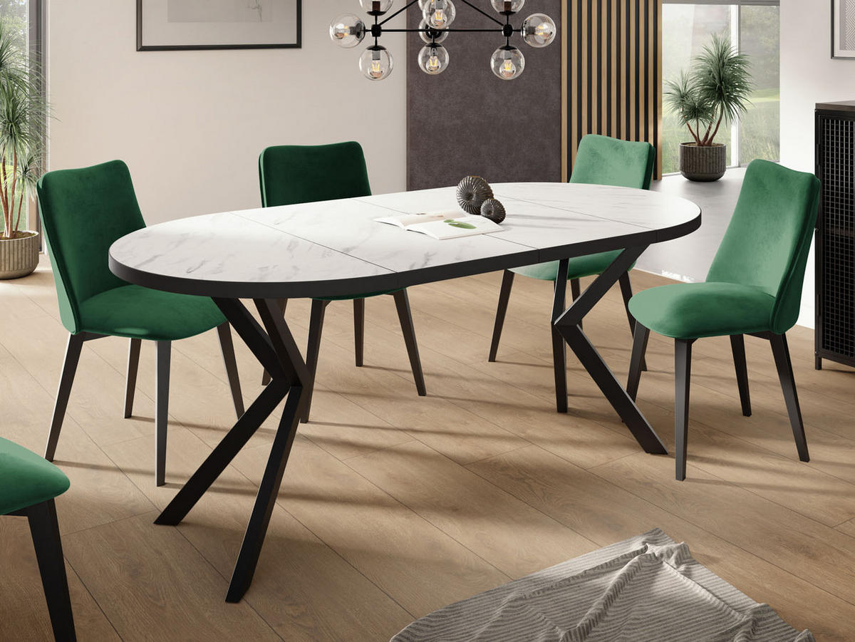 ESSTISCH Vincento runder ausziehbar, Marmor Weiß 100-180/100/76 cm - Ecru/Schwarz, Holzwerkstoff/Metall (100/100/76cm) - WFL GROUP