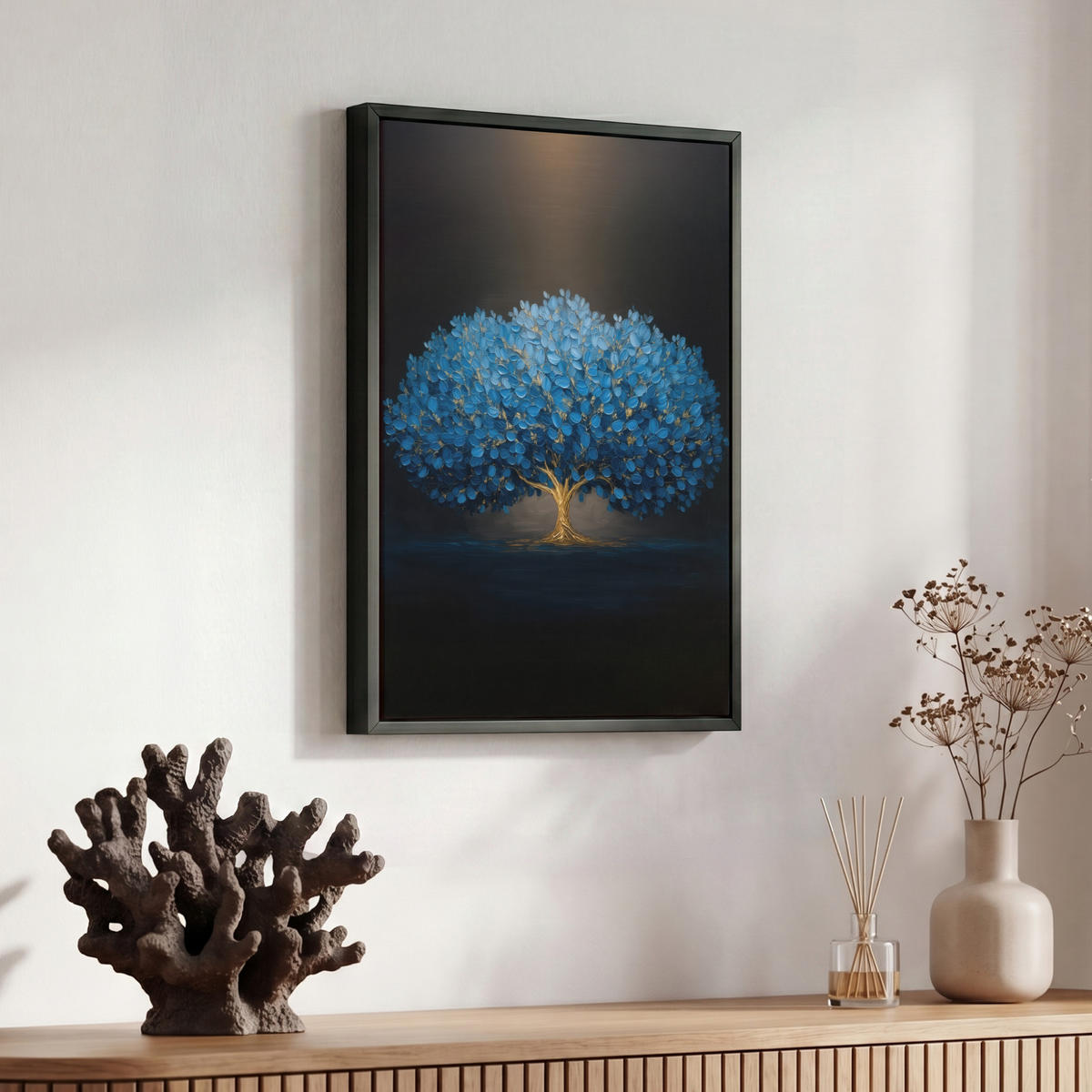 LEINWAND Bilder mit Rahmen - Baum - Blau - Blätter - Pinselstriche - 30x40 - Blau, Textil (30/40cm) - MuchoWow