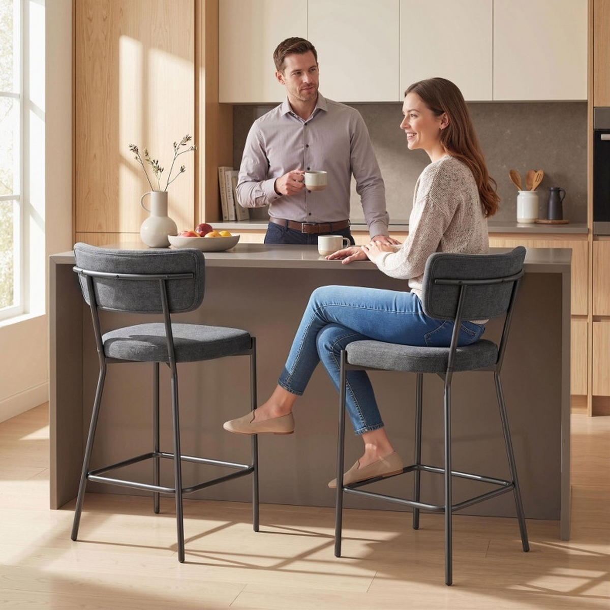 BARHOCKER 2er-Set mit Rückenlehne 49 x 53 x 93 cm Polyester Gray - Grau, Metall (49/93/53cm) - Meubliv