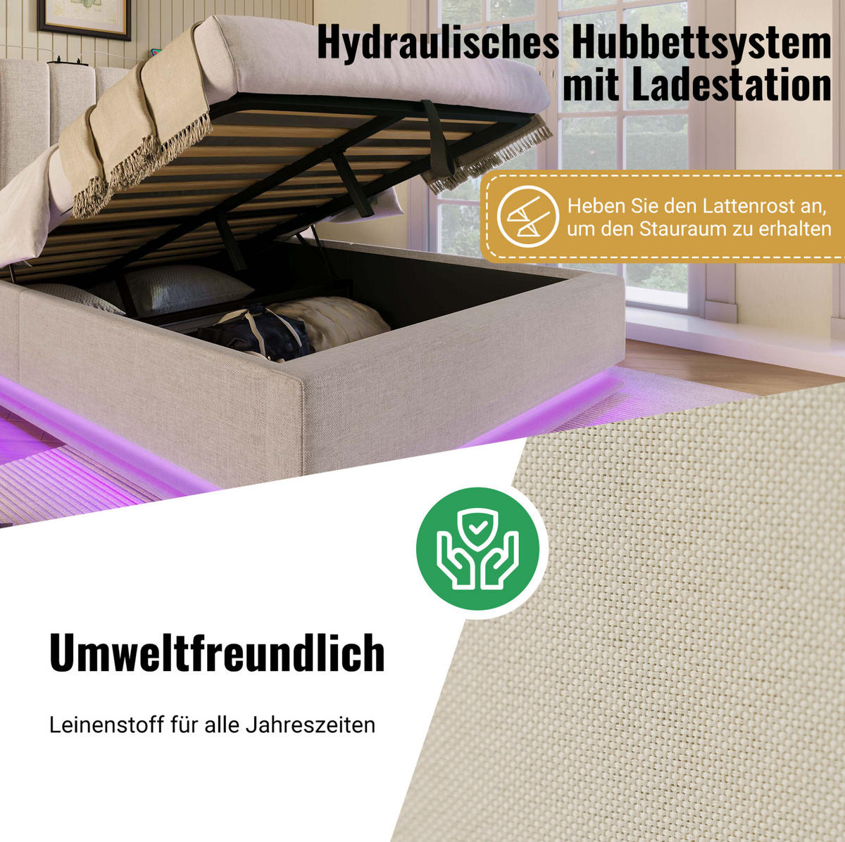 POLSTERBETT 160/200 cm Beige aus Leinen mit Stauraum und LED - Beige, Textil (160/200cm) - OKMYHOME