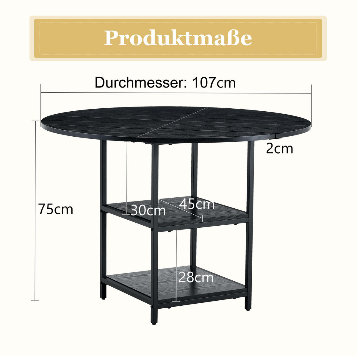ESSTISCH aus MDF und Metall 107x107x75 cm Schwarz mit doppelter offener Ablage im Industrial-Stil - Schwarz, Holzwerkstoff (107/107/75cm) - Modfu
