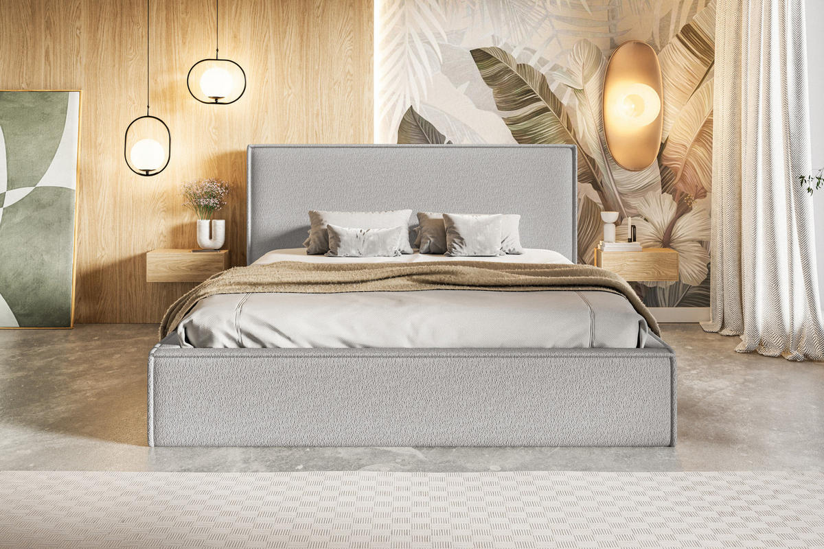 DOPPELBETT 140x200 mit Bettkasten Kyoto, Boucle, Hellgrau - Hellgrau, Holz/Textil (140/200cm) - Emporius