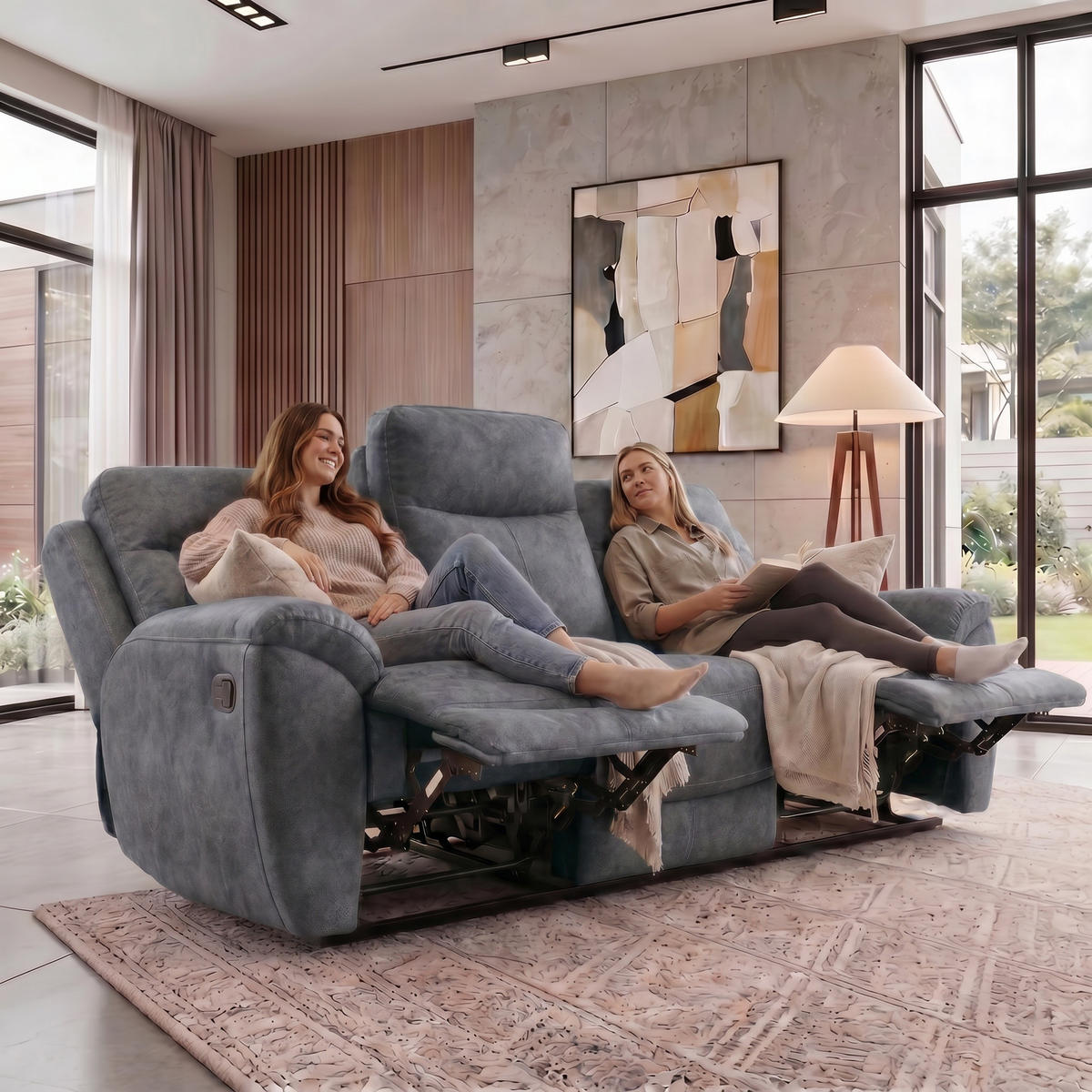 SITZGARNITUR Dolce, Sofa+zwei Sesseln mit Relaxfunktion, Dunkelgrau, Velours - Dunkelgrau, Textil (215/106/100cm) - Beautysofa