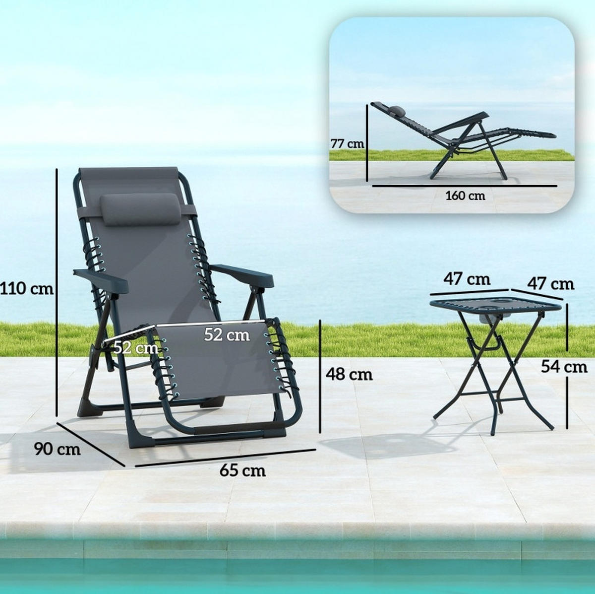 SONNENLIEGEN-SET aus Metall 90x65x110 cm Grau klappbar mit Beistelltisch, Getränkehaltern und Kopfstützen - Grau, Metall (65/110/90cm) - Modfu