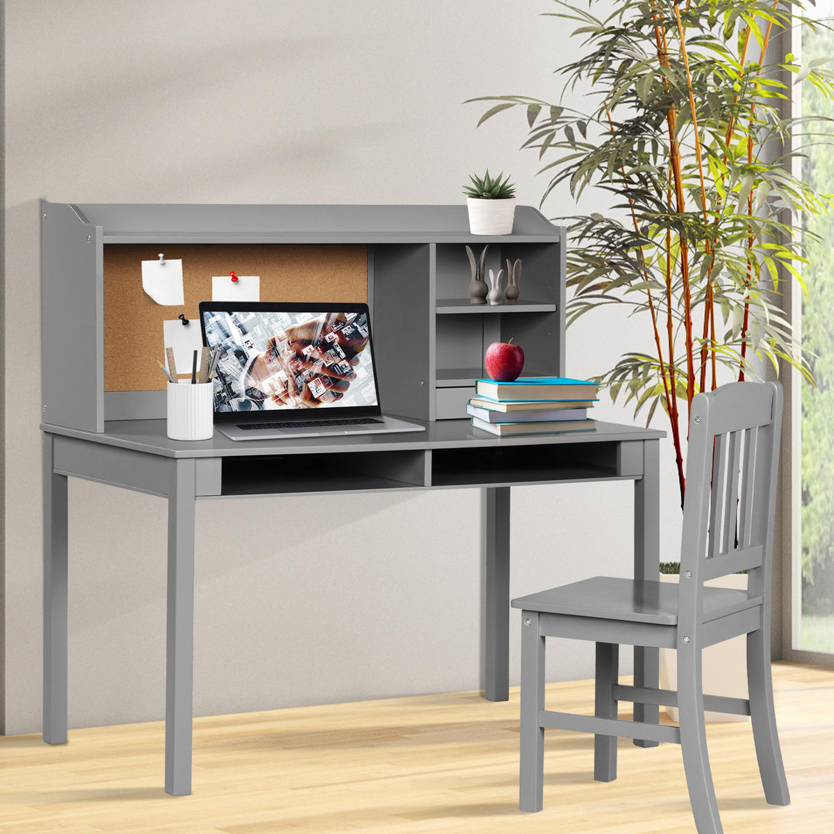 KINDERSCHREIBTISCH mit Hängeplatte grau(2-tlg) - Grau, Holzwerkstoff (111.5/110.7/60.5cm) - COSTWAY