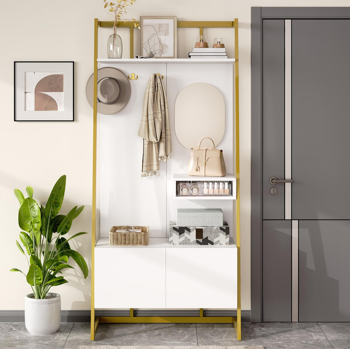 GARDEROBE mit Spiegel und Schuhbank 78 x 38,5 x 180,5 cm Weiß - Weiß, Holzwerkstoff (38.5/180.5/78cm) - Beauniv