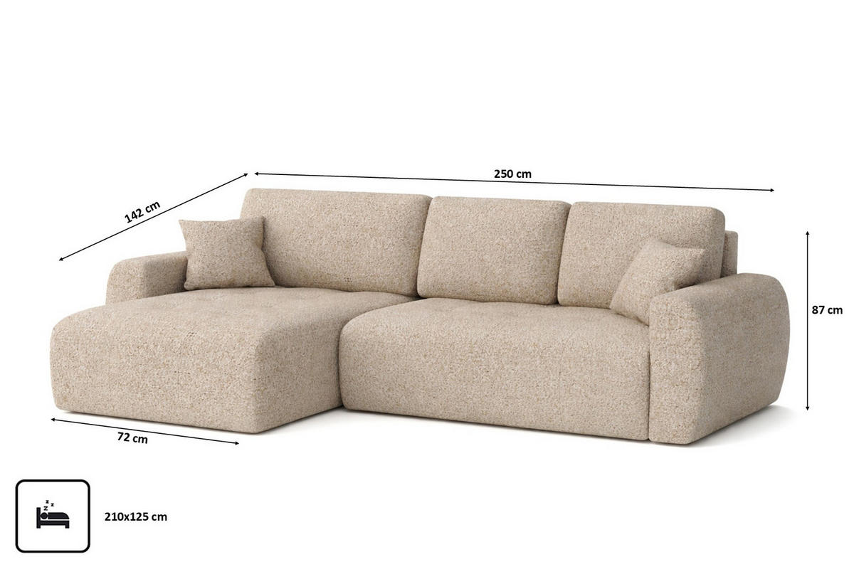 ECKSOFA Mit Schlaffunktion Und Bettkasten L-Form Ivo L, Chenille-Stoff Artico, Beige, Links - Sandfarben, Holz (250/142cm) - Kaiser Möbel