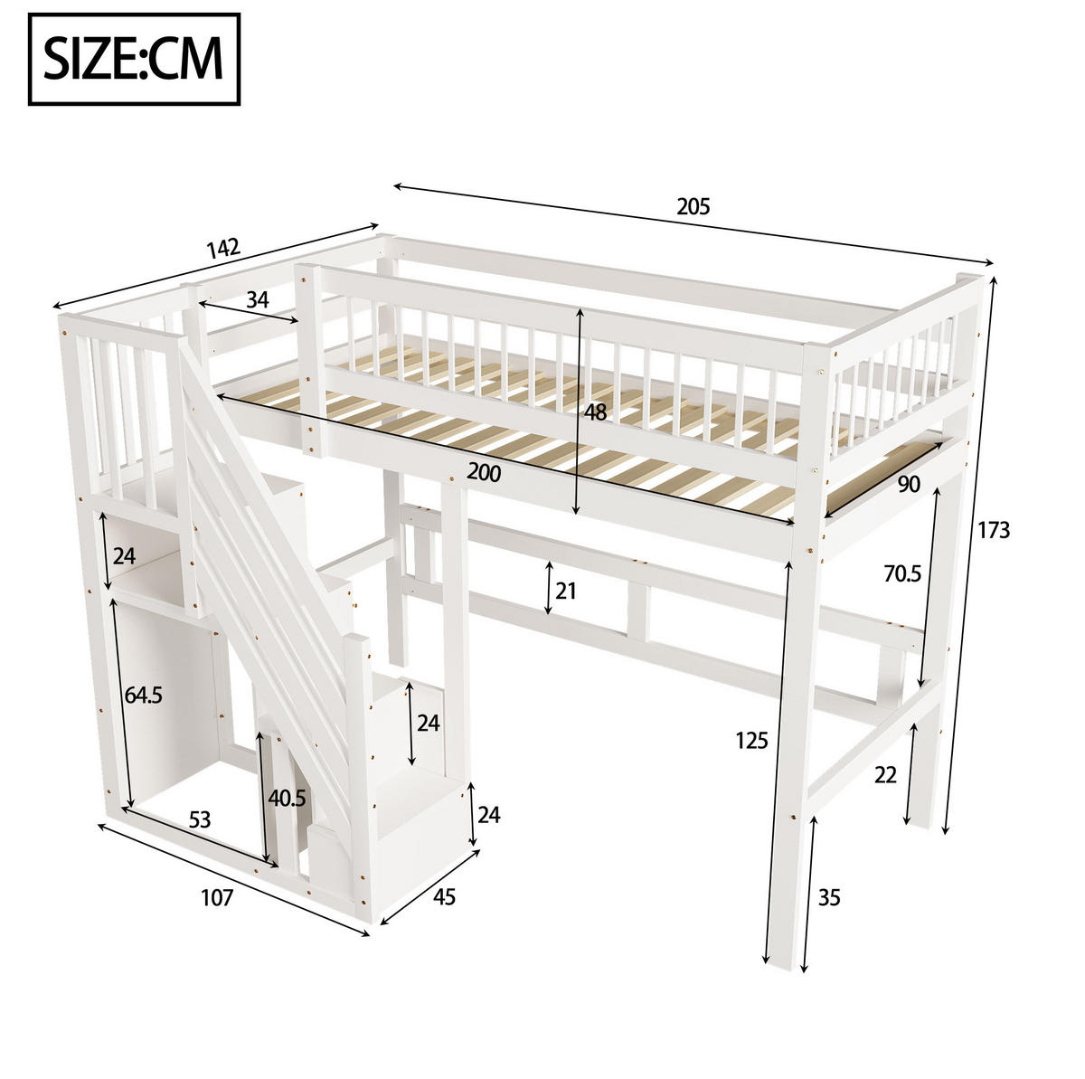 KINDERBETT 90/200 cm mit Stauraumtreppe in Weiß aus Massivholz - Weiß, Holzwerkstoff (90/200cm) - BEAOK