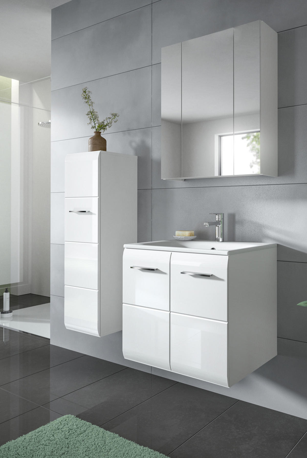 BADMÖBEL SET 3-teilig weiß Hochglanz 105 cm, Badkombination inklusive Waschbecken - Weiß Hochglanz/Silberfarben, Holzwerkstoff/Kunststoff (105/185/46cm) - Inn.Furn