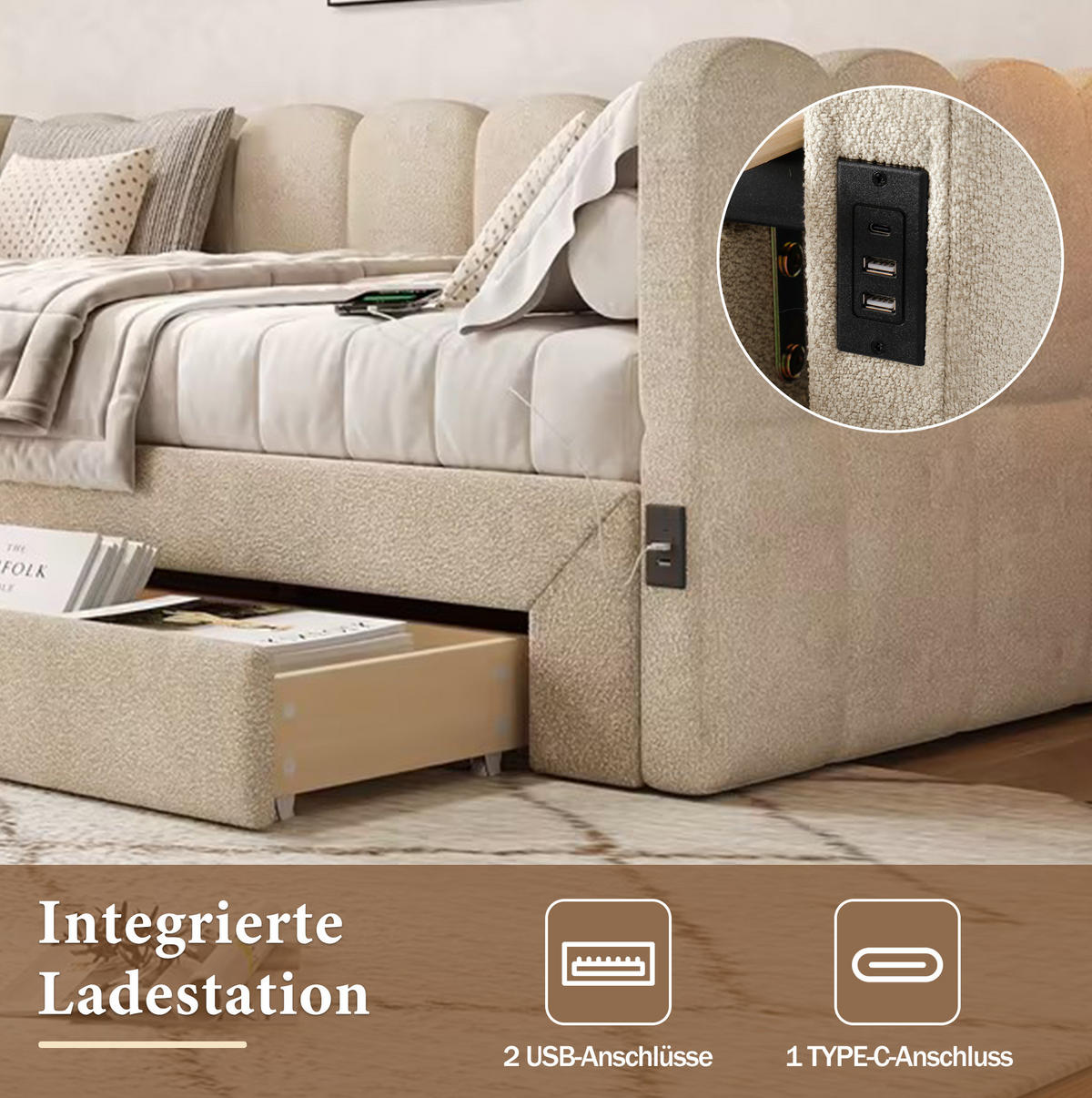 TAGESBETT 90/190 cm mit Ausziehfunktion auf 180/190 cm, 2 Schubladen, USB- und Typ-C-Anschluss, Chenille, Beige - Beige, Textil (90/190cm) - Redom