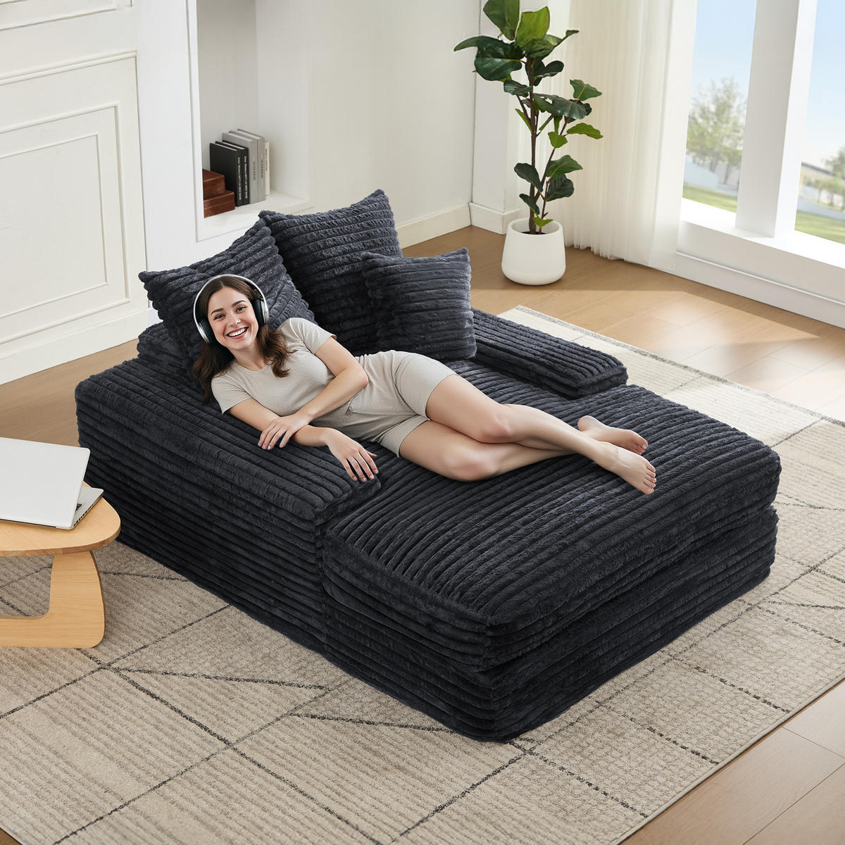 2-SITZER SOFA Cord Grau mit 4 Kissen - Grau, Textil (165/58/135cm) - WISHDOR