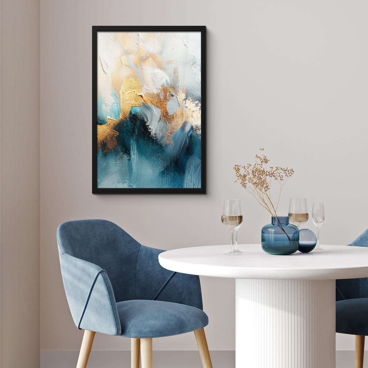 GERAHMTES BILD Abstrakt - Kunst - Gold - Blau 40x60 cm - Petrol, Papier (40/60cm) - MuchoWow