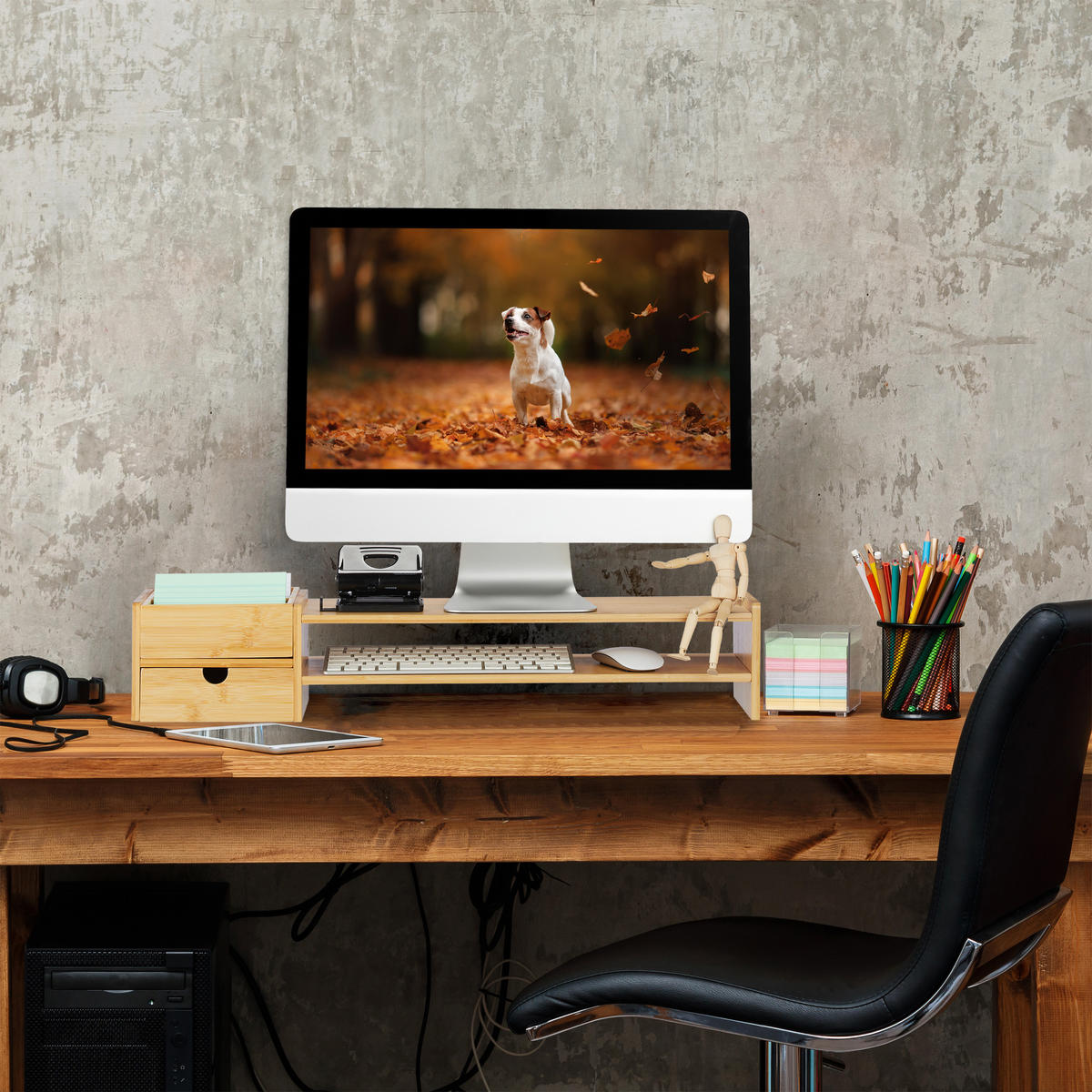 MONITORSTÄNDER Natur Bambus mit Schublade - Hellbraun, Holz/Holzwerkstoff (19/70/13cm) - Relaxdays