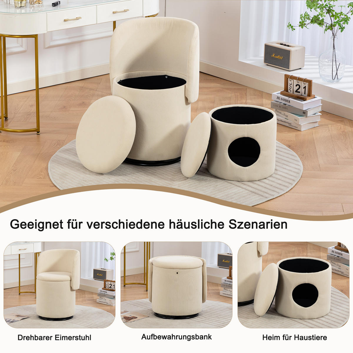 SESSEL Cord Beige drehbar und mit Stauraum - Beige, Holzwerkstoff/Textil (48/75/52cm) - WISHDOR