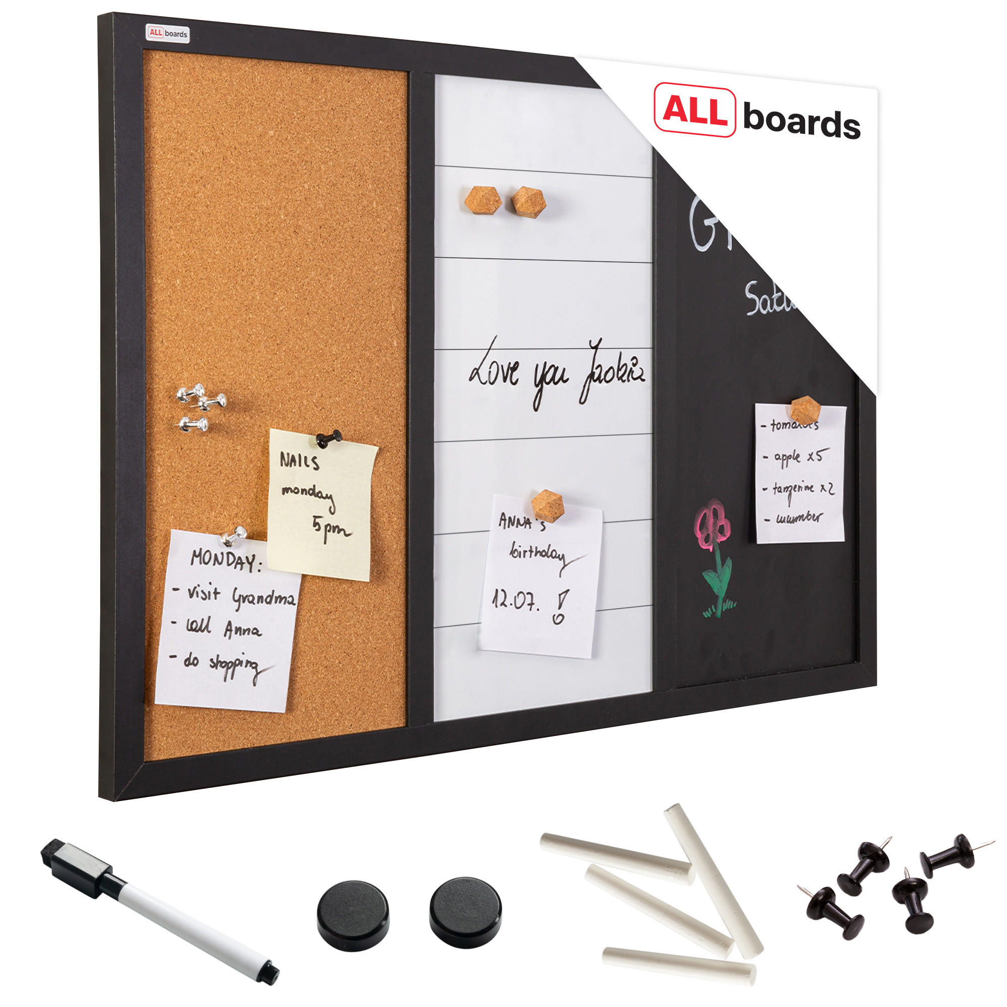 3-IN-1-KOMBITAFEL: Whiteboard, Kreide (magnetisch) und Kork, 60x40 cm - Multicolor, Holz (60/40/1.4cm) - ALLboards