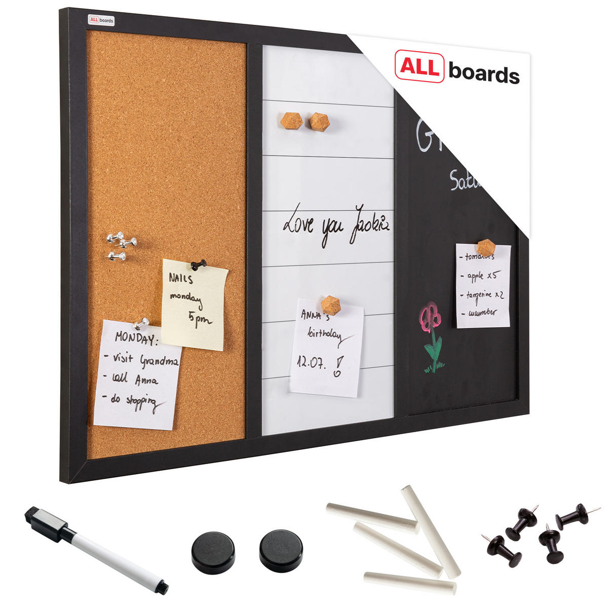 3-IN-1-KOMBITAFEL: Whiteboard, Kreide (magnetisch) und Kork, 60x40 cm - Multicolor, Holz (60/40/1.4cm) - ALLboards