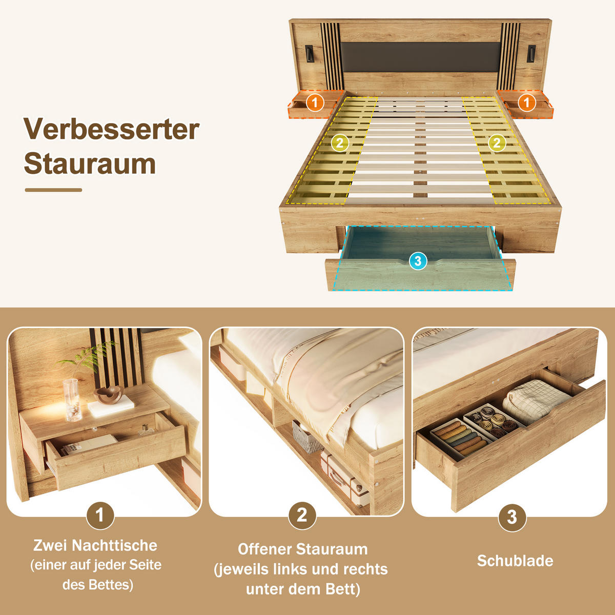 BETT 160/200 cm in Natur mit Schublade, Stauraum, Leselampen und Nachttischen MDF modern - Naturfarben, Holzwerkstoff (160/200cm) - STILVORA