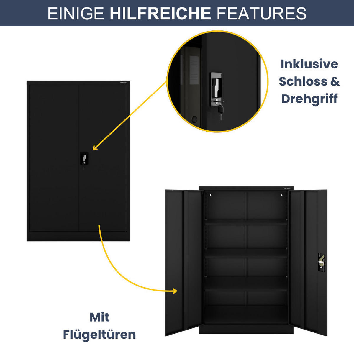 AKTENSCHRANK abschließbar KADO Flügeltüren 140x90x60cm Schwarz - Schwarz, Metall (90/140/60cm) - DELUKE