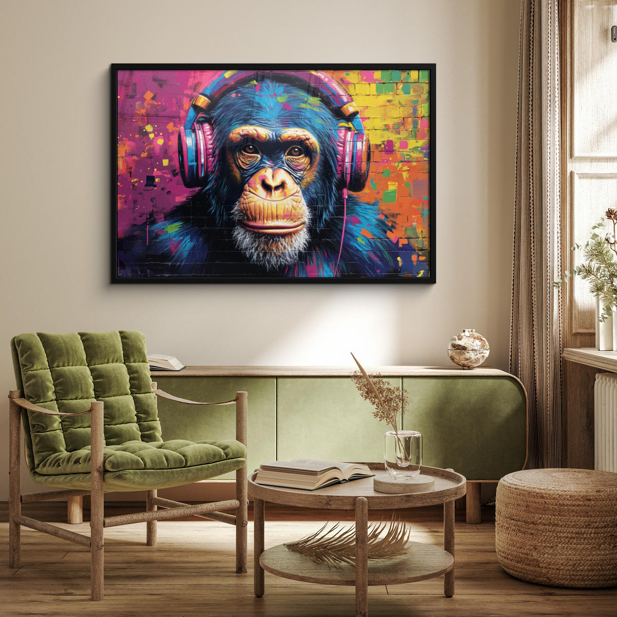 POSTER MIT RAHMEN Graffiti - Schimpanse - Straßenkunst - Kopfhörer - Affe 120x80 cm - Blau, Papier (120/80cm) - MuchoWow