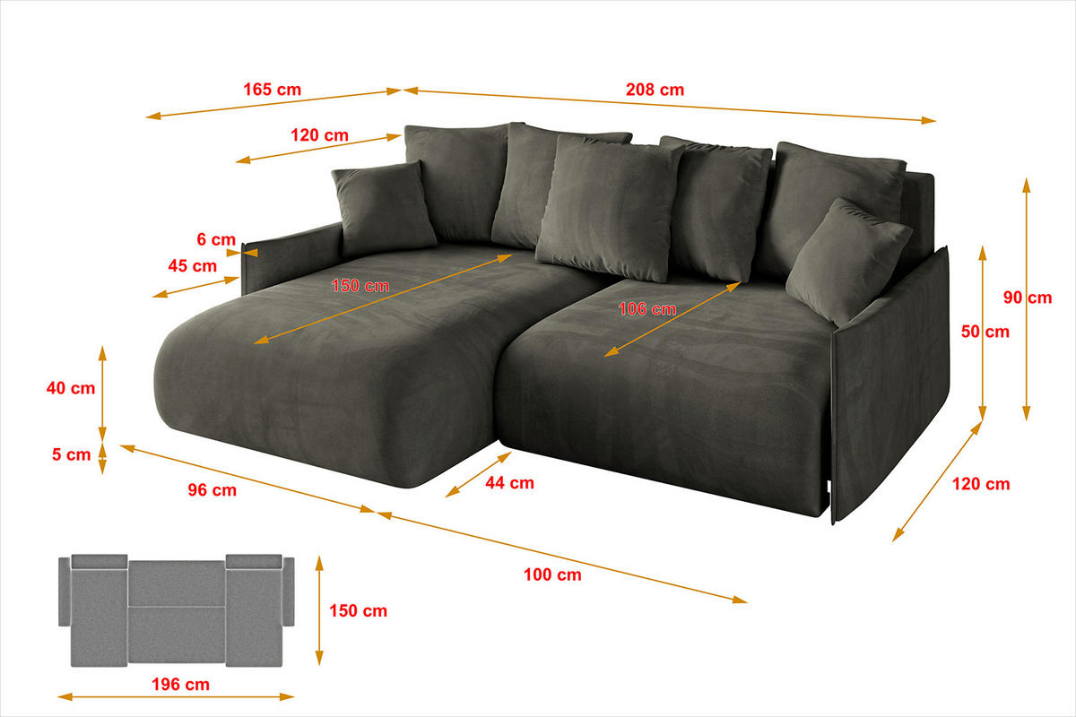 ECKSOFA mit Schlaffunktion und Bettkasten ONESK-L -v1 208x165x40 Schwarz Velours - Schwarz, Holzwerkstoff/Kunststoff (208/165cm) - ALTDECOR