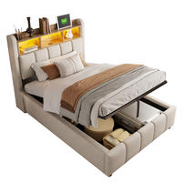 POLSTERBETT 90/200 cm mit Leinenbezug, LED-Beleuchtung, USB- und Type-C-Anschluss, Bettkasten und Kopfteil-Ablagen, Beige - Beige, Textil (90/200cm) - Redom