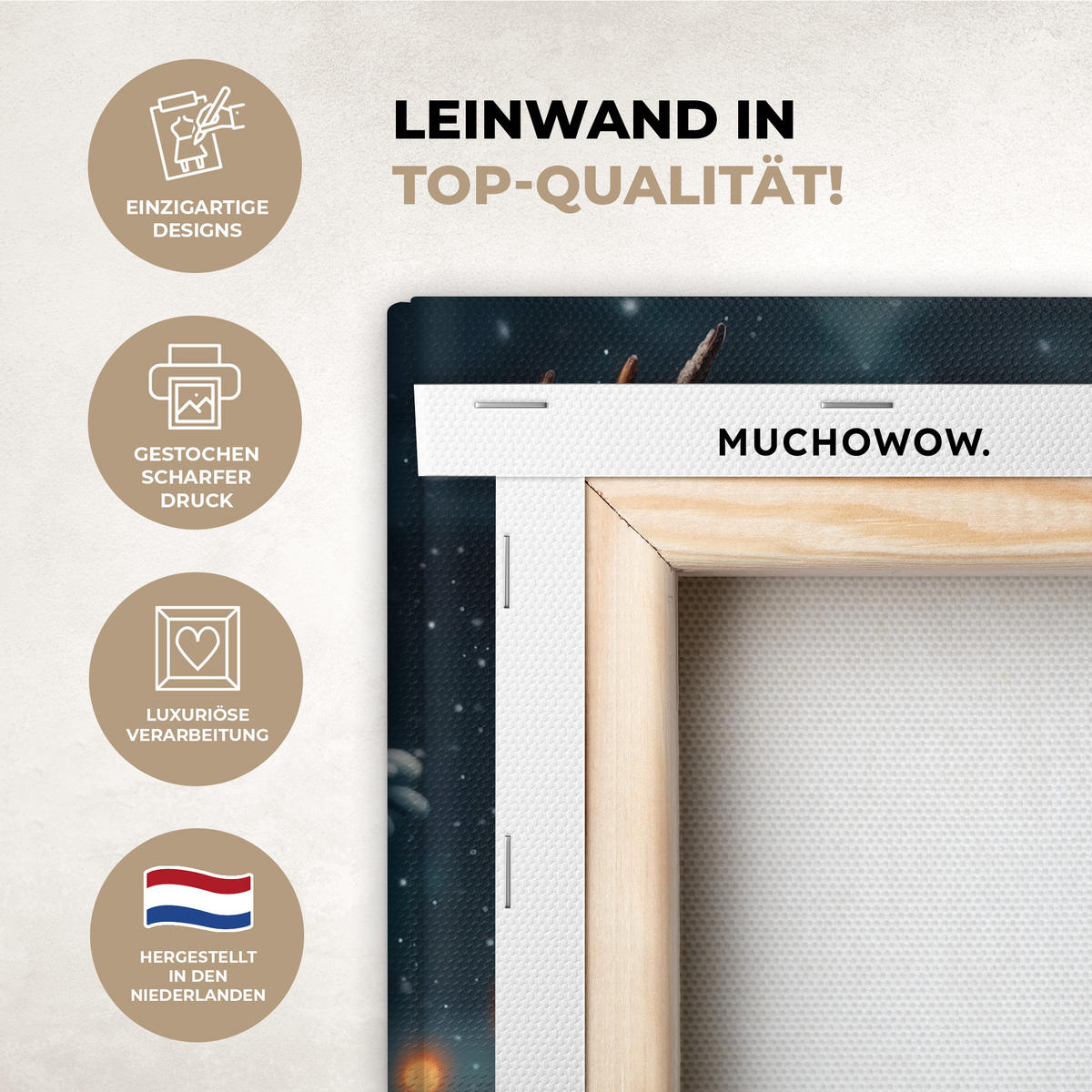 LEINWANDBILD Hirsch - Weihnachten - Winter - Schnee - Weihnachtskranz 20x30 cm - Dunkelbraun, Textil (20/30cm) - MuchoWow