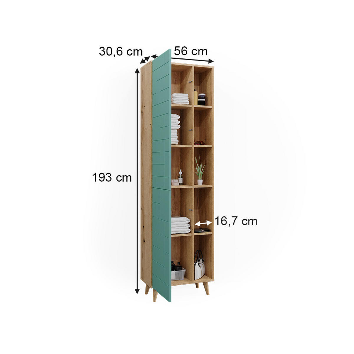 BADSCHRANK Rudi Mintgrün 56 x 193 cm mit Türen, und offenen Fächern - Mintgrün, Holzwerkstoff (56/193/30.6cm) - Vicco