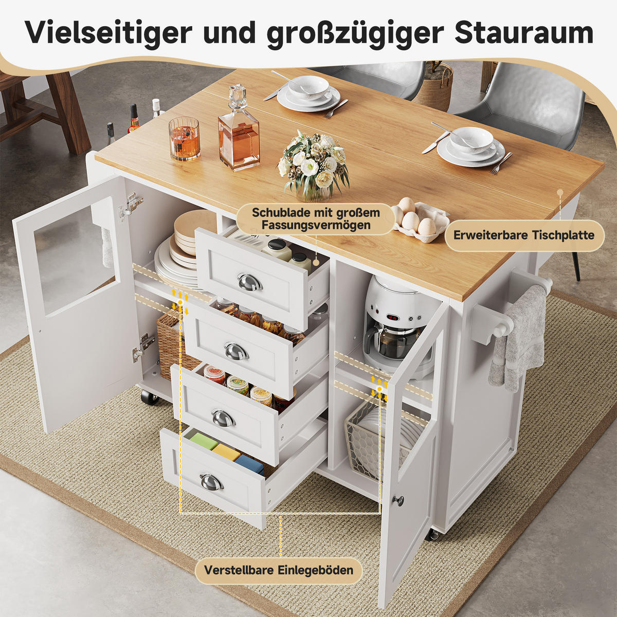 KÜCHENINSEL mit Rollen 137,9/73/92,5 cm Weiß mit 4 Schubladen und Klapptisch - Weiß, Holz/Holzwerkstoff (137.9/92.5/73cm) - Oxeza