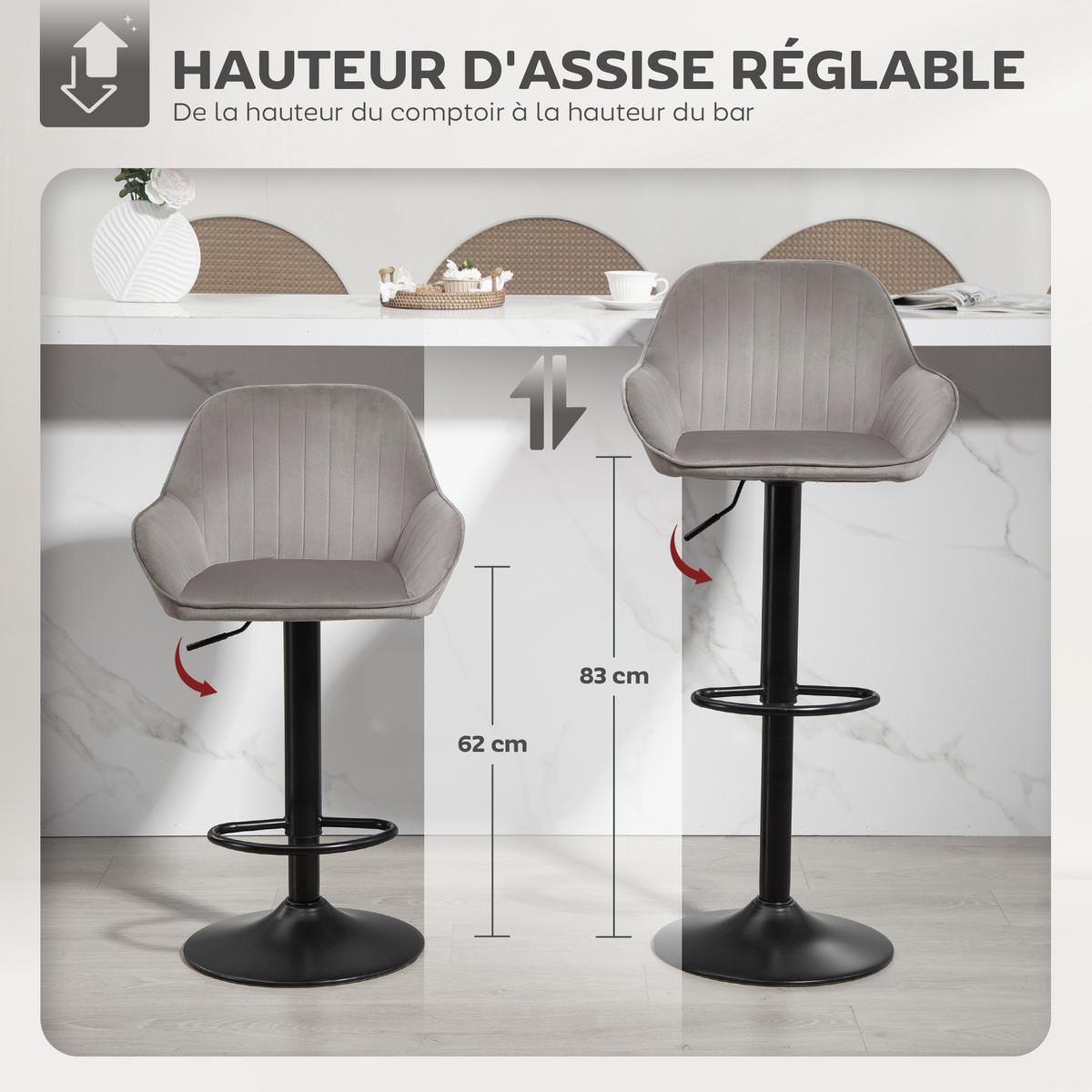 BARHOCKER 2er-Set DE-14770 höhenverstellbar & schwenkbar mit Veloursbezug Grau - Grau, Metall (50/107/50.5cm) - ComfortXL