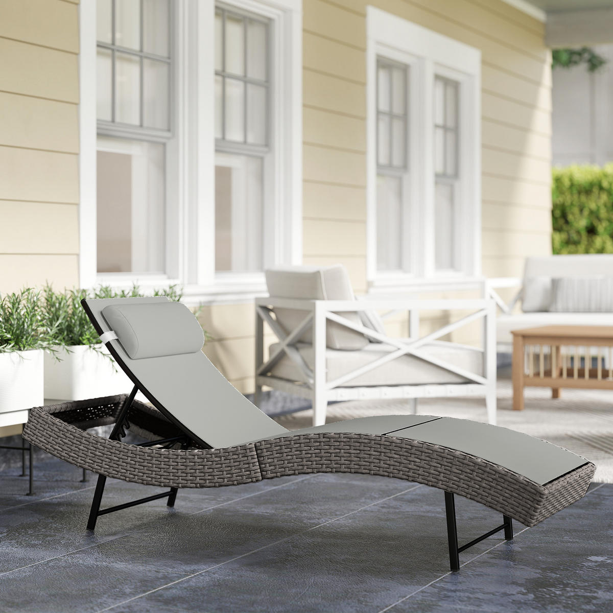 RATTAN-SONNENLIEGE PE-Rattan Metall Hellgrau - Hellgrau, Textil/Metall (61/44/198cm) - Outsunny