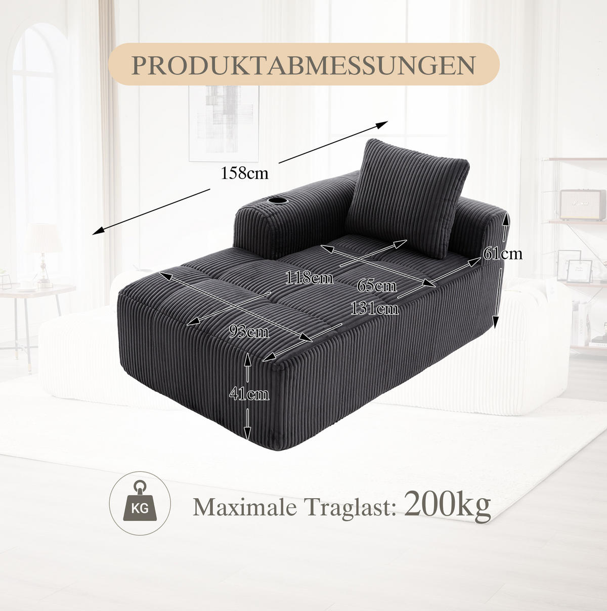SOFA mit Seitenfächern und Becherhaltern 158 x 93 cm Cord Dark Gray - Dunkelgrau, Kunststoff (158/61/93cm) - Meubliv