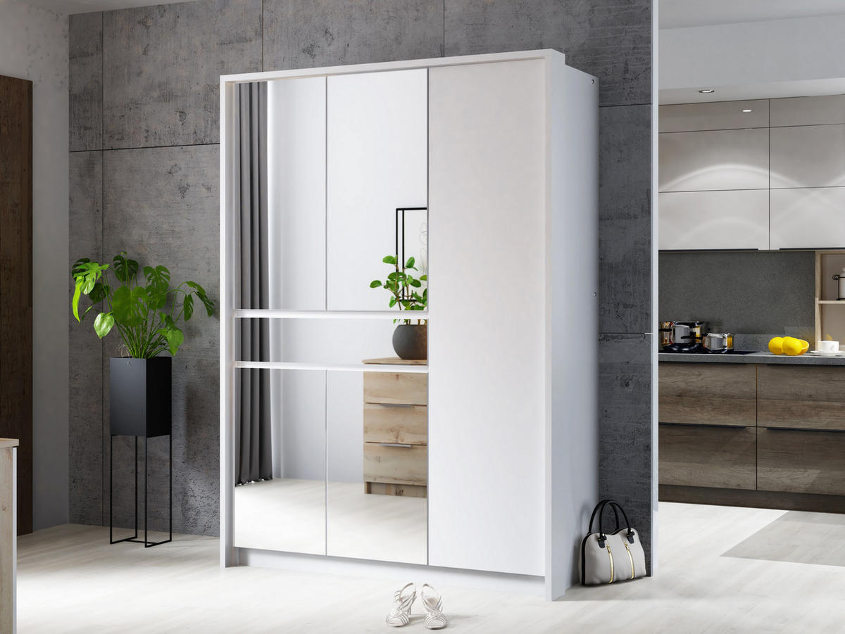 SCHWEBETÜRENSCHRANK RUMBLE 151/217/65 cm 2-türig mit Spiegel Weiß - Weiß, Holzwerkstoff (151/217/65cm) - MASSENO