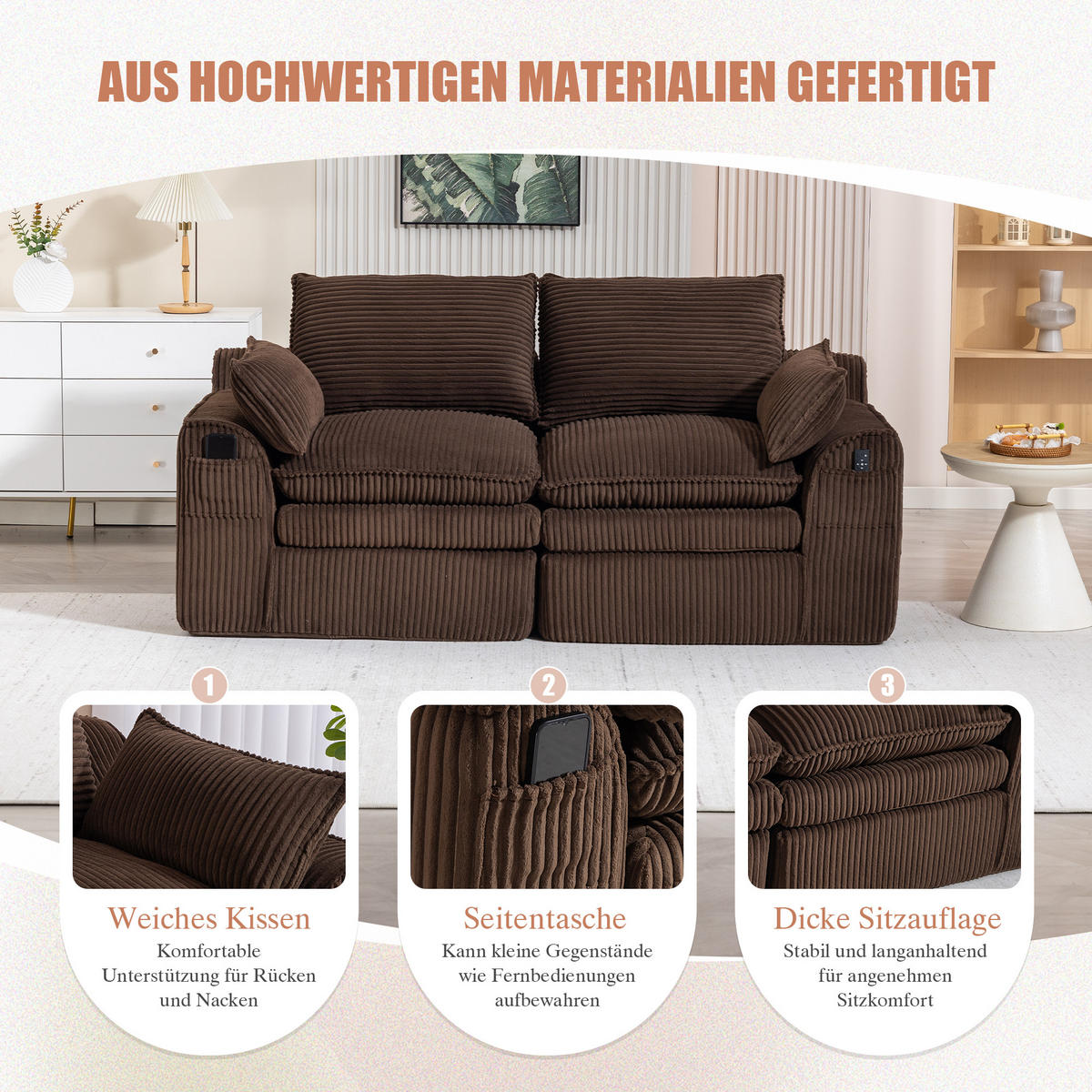 2-SITZER SOFA Cord Braun mit Kissen und Seitentaschen - Braun, Textil (191/85/94cm) - WISHDOR