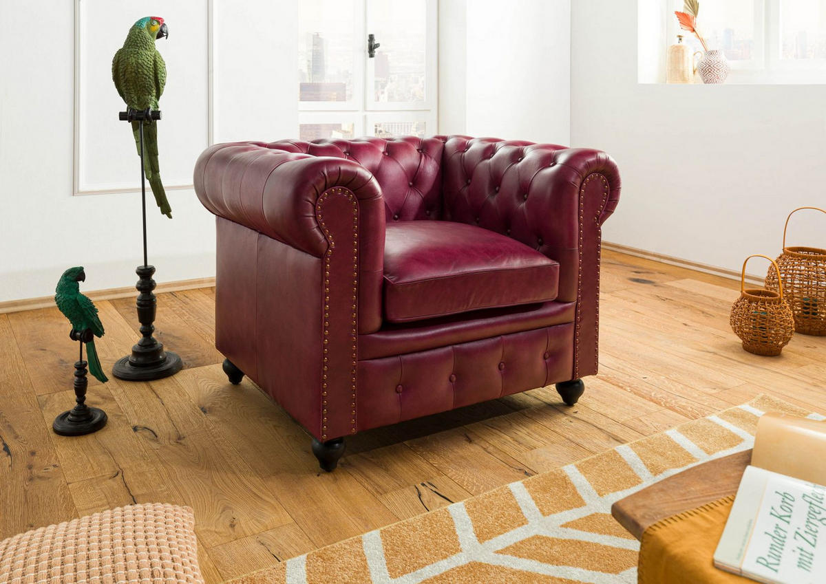 SESSEL Echtleder 105x82x75 rot CHESTERFIELD #402 - Rot, Leder (105/75/82cm) - Massivmoebel24