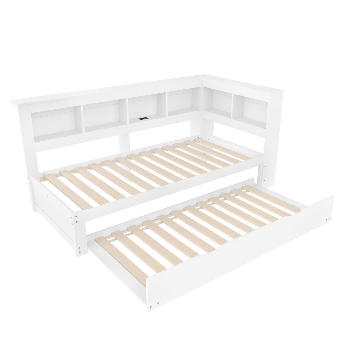 MULTIFUNKTIONSBETT 90/200 cm mit ausziehbarem Rollbett und 2 USB-Anschlüssen Weiß - Weiß, Holz (90/200cm) - OKWISH