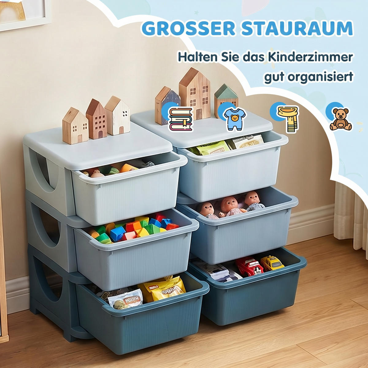 SPIELZEUGKISTE DE-09537 3 Schubladen mit Sitzfläche Blau - Blau, Kunststoff (37/75cm) - ComfortXL