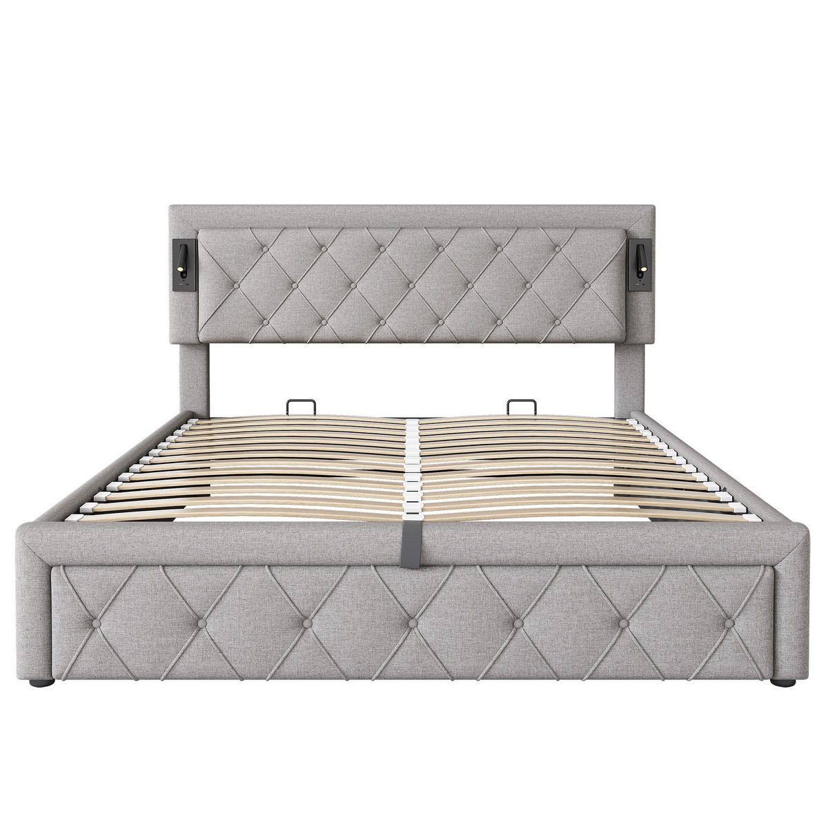 POLSTERBETT mit LED-Beleuchtung 160/200 cm mit Bettkasten und USB - Grau, Textil (160/200cm) - BEAOK