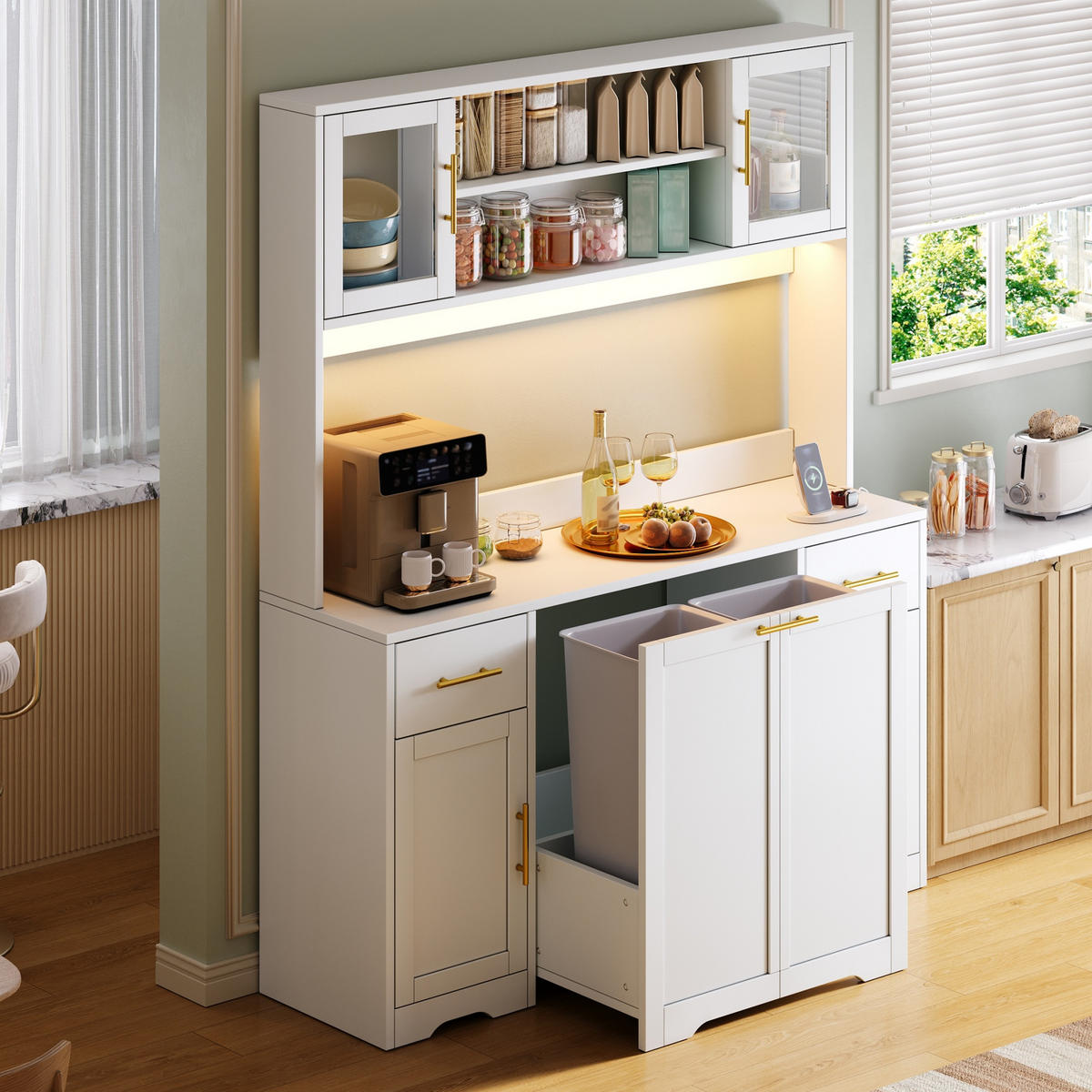 KÜCHENBUFFET 140x40x173 cm, 2 Schubladen, ausziehbarer Müllschrank, LED-Beleuchtung, 2 USB-Anschlüsse, Glastüren, verstellbare Einlegeböden, Weiß - Weiß, Holzwerkstoff (140/173/40cm) - FOHERE