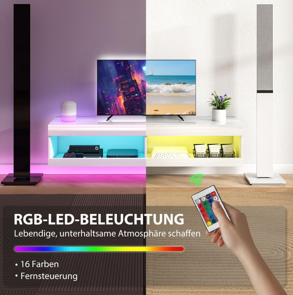LOWBOARD 140/40/30 cm Hochglanz-Weiß aus Holz mit LED-Beleuchtung - Weiß, Holzwerkstoff (40/30/140cm) - OKMYHOME