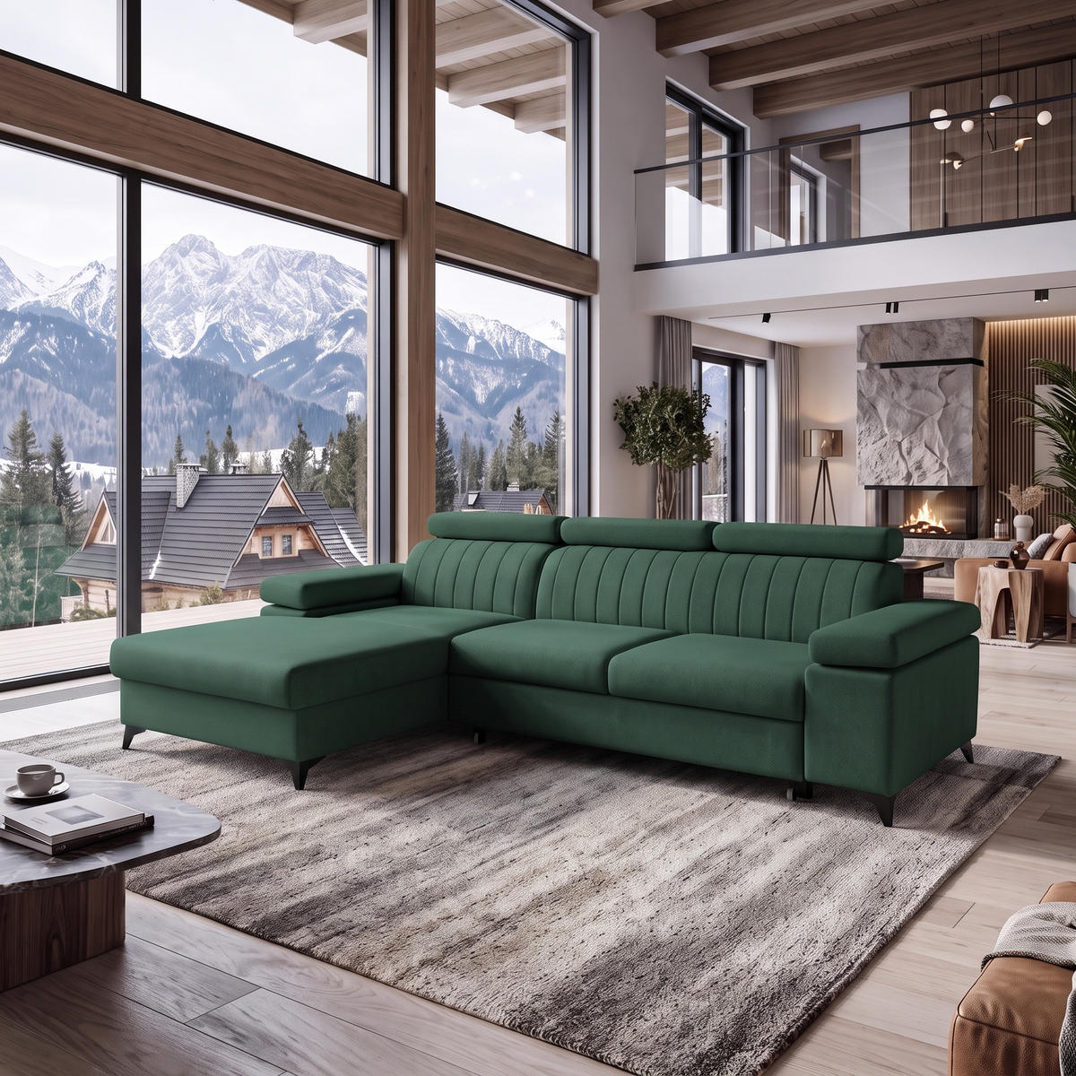 ECKSOFA FELIX L Links mit Schlaffunktion Velours Grün - Schwarz/Grün, Holz/Textil (257/176cm) - Muffo