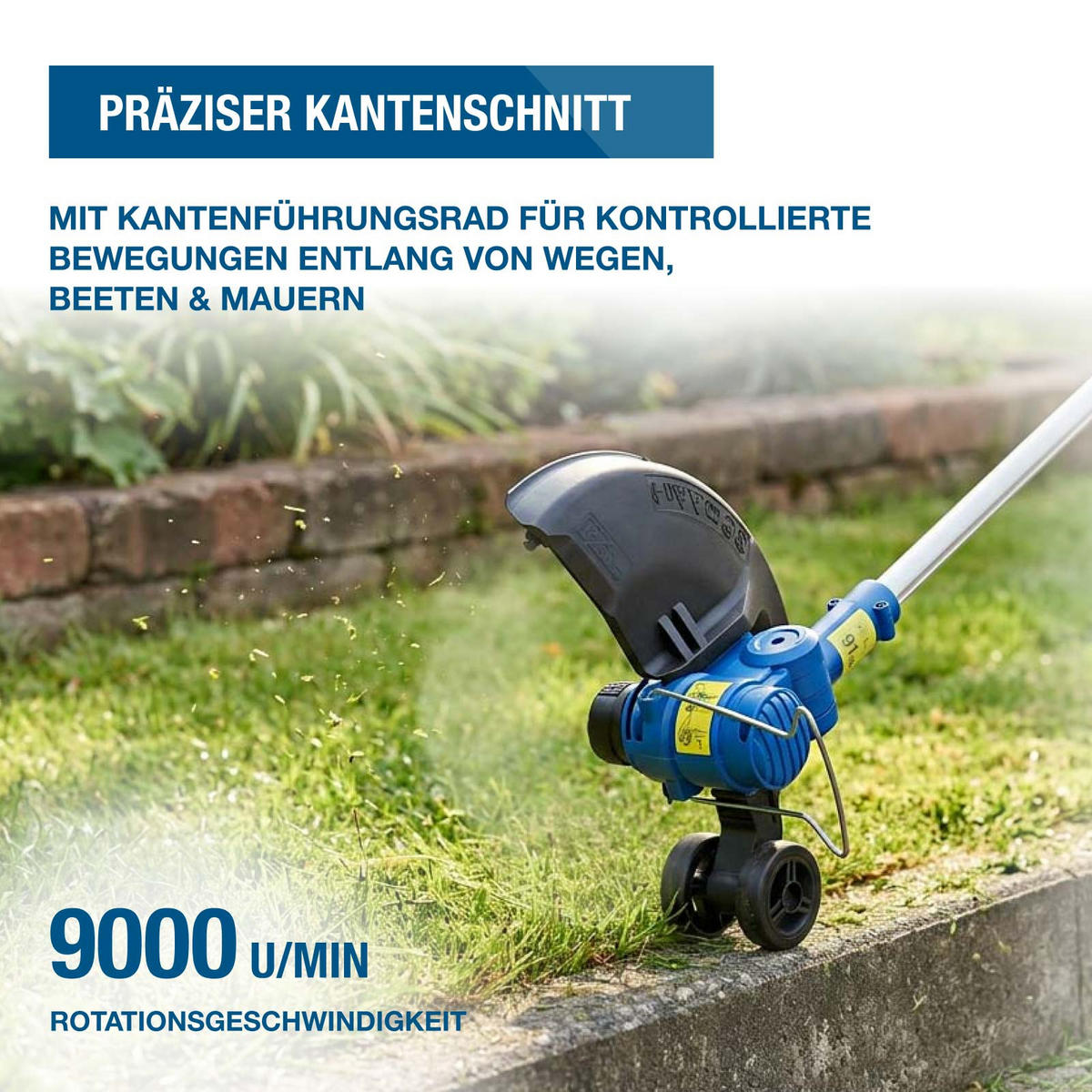 AKKU-RASENTRIMMER 20V 30 cm, dreh- und schwenkbarer Trimmerkopf, Teleskopstange & Kantenführungsrad – 2Ah-Akku und Ladegerät - Blau, Kunststoff (32/36.5cm) - HYUNDAI