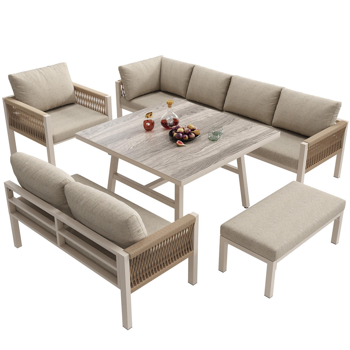 LOUNGEGARNITUR für 8 Personen mit Beigen Polstern - Beige, Metall
