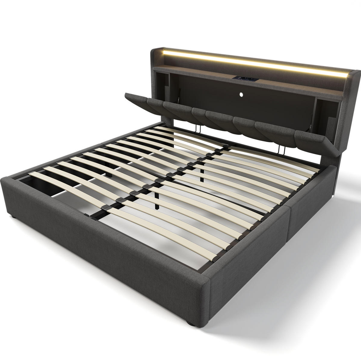 POLSTERBETT mit Stauraum, USB & LED 140x190 cm Leinen Grau - Grau, Metall (140/190cm) - Meubliv