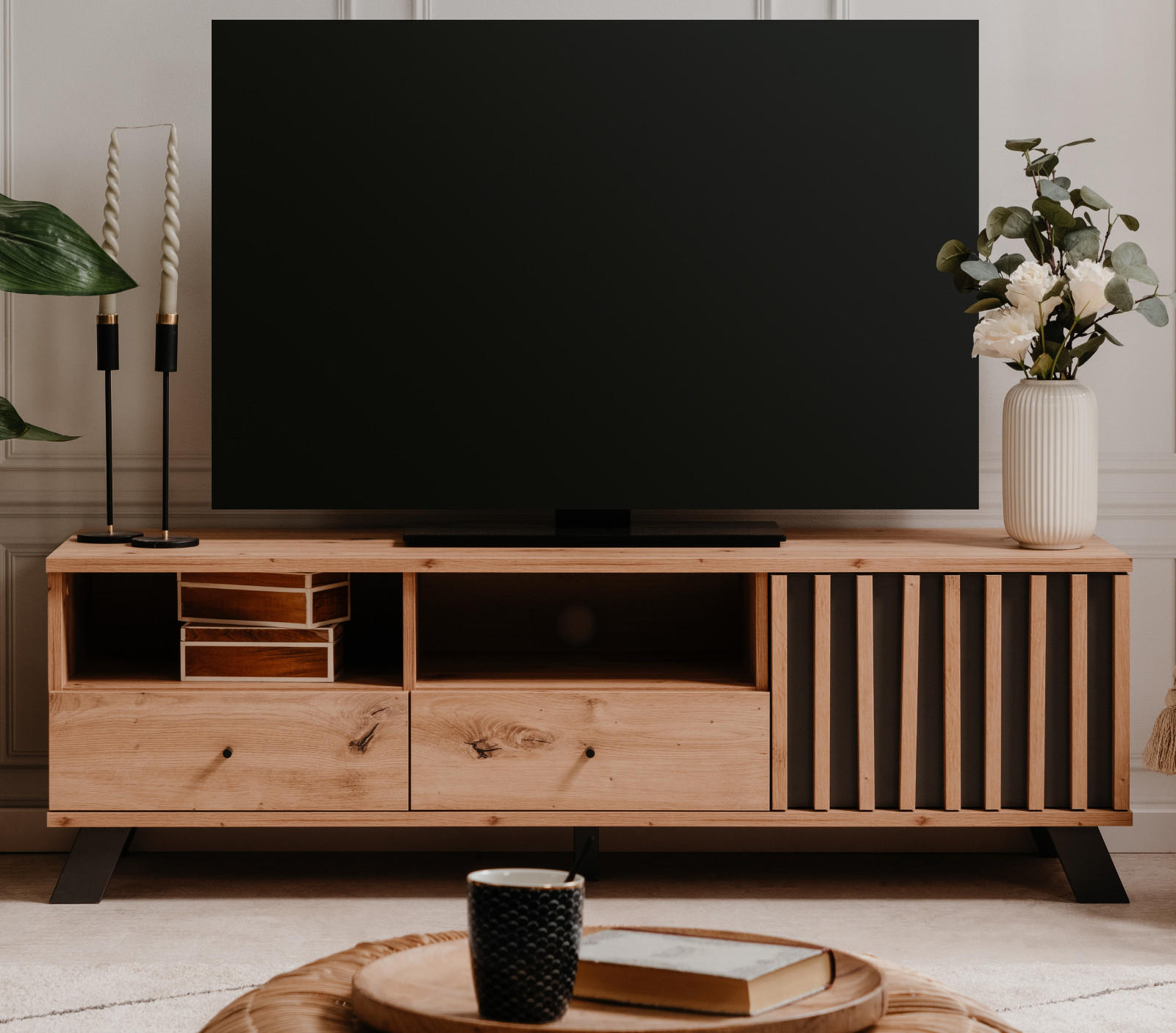 TV-LOWBOARD Eiche Artisan, grau 138 cm, Fernsehtisch mit 3D Lamellen - Anthrazit/Schwarz, Holzwerkstoff/Metall (138/44/40cm) - Furn.Design