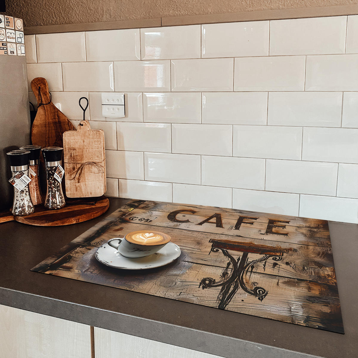 HERDABDECKPLATTE Cafe - Holz - Kaffee - Regale Induktionsmatte 71x52 cm - Schwarz, Kunststoff (71/52/0.2cm) - MuchoWow