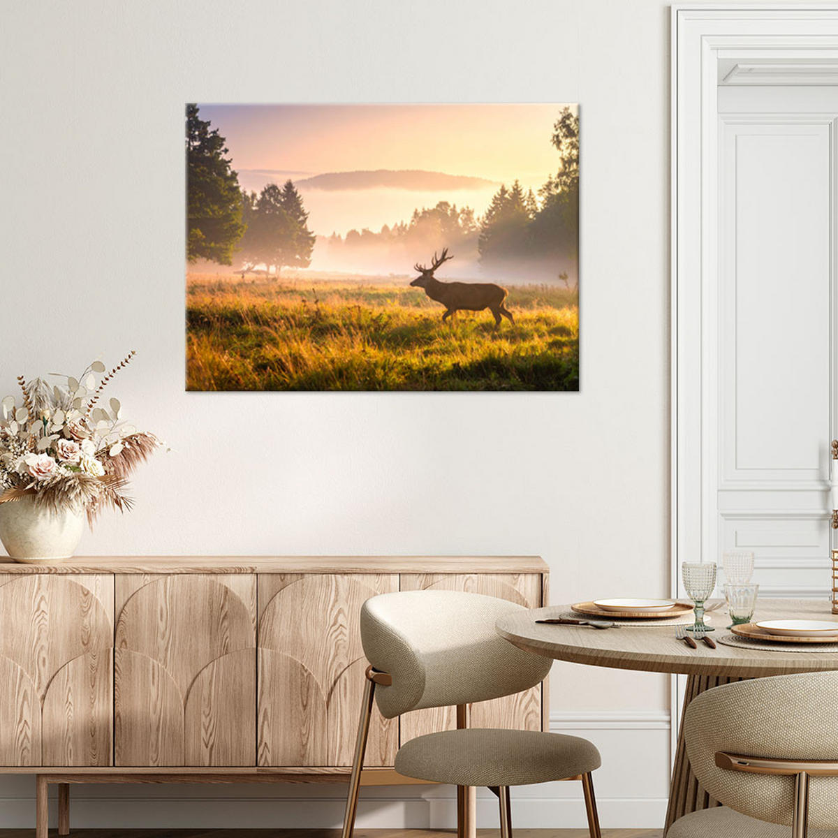 LEINWANDBILD Landschaft Hirsch im Brunftgebiet im Nebel 120x80cm - Beige, Textil (120/80cm) - Feeby