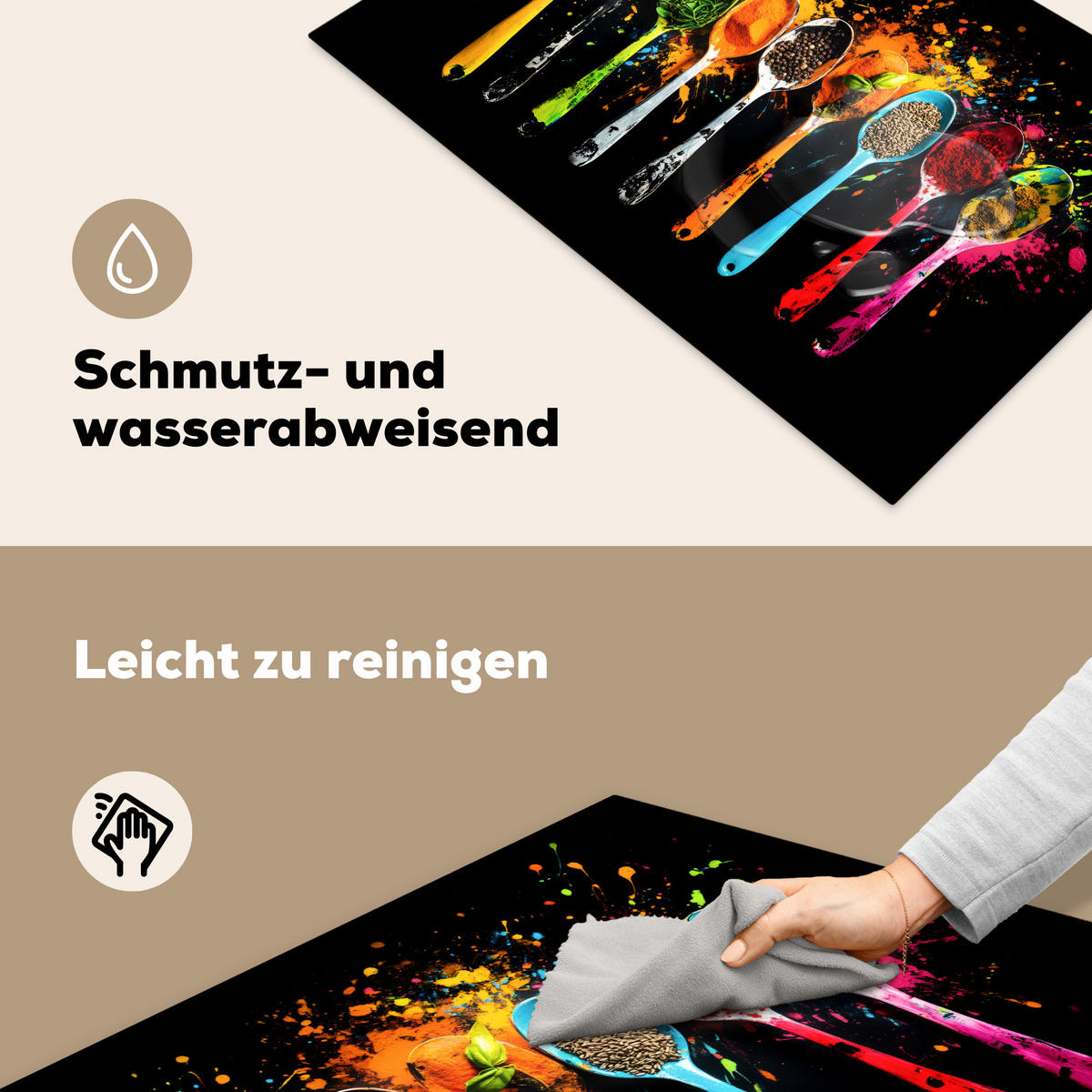 HERDABDECKPLATTE Löffel - Gewürze - Modern - Graffiti - Farbe - Farbenfroh Induktionsschutz 81.6x52.7 cm - Multicolor, Kunststoff (81.6/52.7/0.2cm) - MuchoWow
