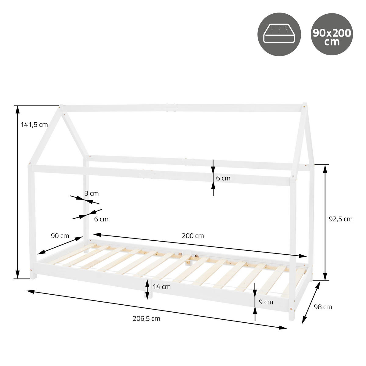 KINDERBETT mit Dach 90x200 cm Weiß - Weiß, Holz (90/200cm) - ML-DESIGN