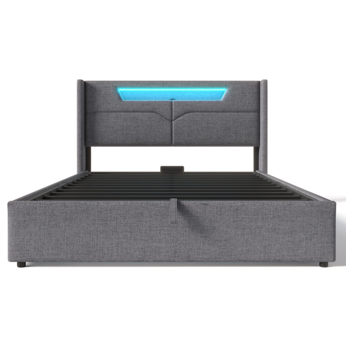 POLSTERBETT 140/200 cm mit LED-Beleuchtung, USB- und Type-C-Anschluss, Bettkasten und Leinenbezug, Grau - Grau, Textil (140/140cm) - Redom